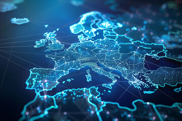 Poster - A blue and white map of the world with many dots on it. The dots represent cities and other points of interest. The map is very detailed and shows the connections between different places