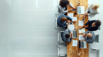 Aufkleber - A professional business meeting setting with people in formal attire, laptops, and documents on a white background, with the right side clear for text. top view. Generative AI.
