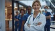 © riccardozamboni - Young female doctor smiling while standing in a hospital corridor with a diverse group of staff in the background