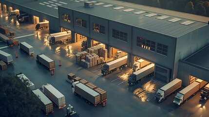 Distribution center with loading docks, and trucks being filled, realistic render