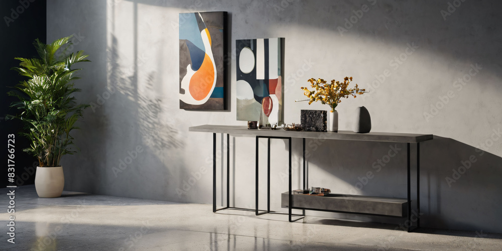 A minimalist and modern entryway with a sleek and polished concrete ...