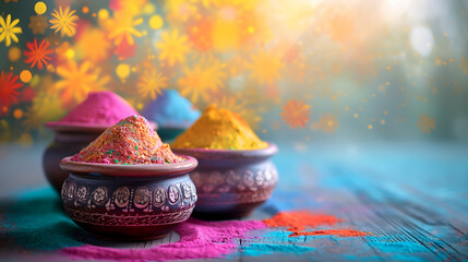 Colorful holi powder pots on wooden table with vibrant flowers in the background