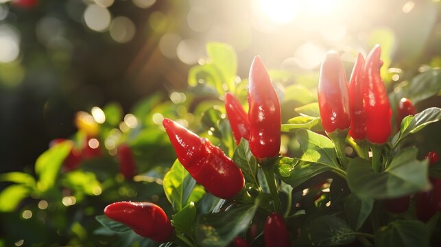 Close-up of red chili peppers basking in the September sun, vibrant and enticing

