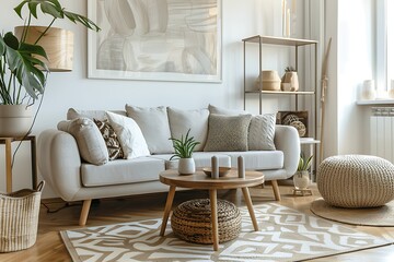 Wall Mural - A Scandinavian-style living room with a neutral color palette and natural wood accents.