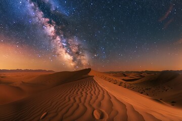 A serene desert landscape stretching to the horizon, with towering sand dunes bathed in the golden light of sunset 