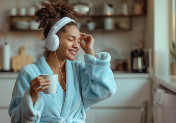 Canvas Print - A woman in a blue robe is dancing and listening to music with headphones while holding a coffee mug, wearing a white headband