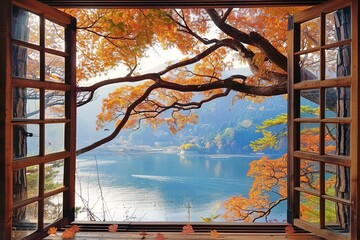 View of Japan Nature landscape from a Japanese hotel window at autumn