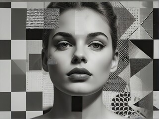 Image of a beautiful young girl in black and white background with graphic elements. Push the boundaries of a halftone monochrome collage by incorporating unexpected elements such as han.