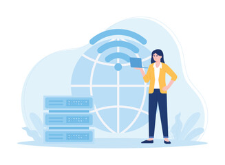 Wall Mural - a woman working on a wifi network concept flat illustration