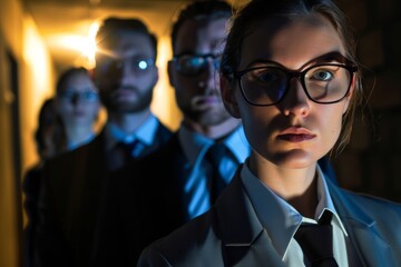 Wall Mural - Portrait of a group of business people in a dark office.