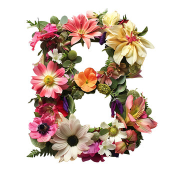 Elegant shot of text Letters B crafted in flowers on a clean, isolated on transparent background	