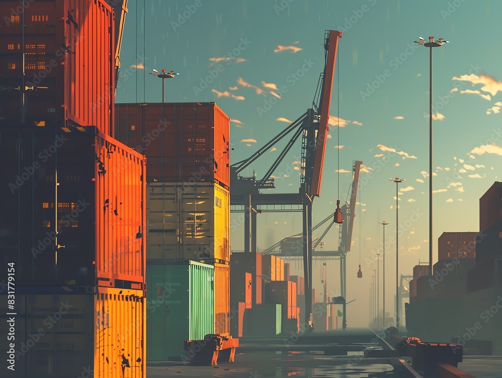 Shipping containers stacked at a port, with cranes in the background ...