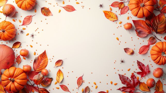 Autumn-themed background with pumpkins, colorful leaves, and space for text. Perfect for seasonal designs, invitations, and holiday greetings.