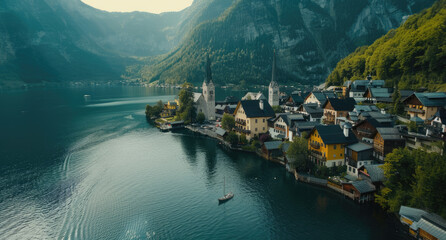 Poster - Aerial view of Hallstatt in Austria, Hallstatt See lake and town.