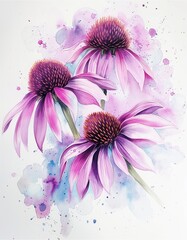 Wall Mural - A watercolor painting featuring three pink coneflowers against a white background.