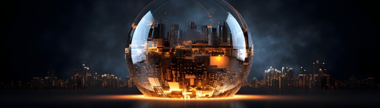 Radiant Futuristic Digital Metropolis Illuminated by a Circuit-Embellished Glass Sphere