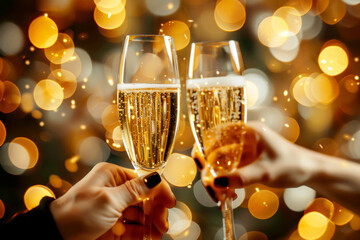 Two hands clinking champagne glasses against a background of golden bokeh lights, celebrating a festive occasion.