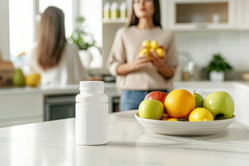 A white bottle and a bowl of fruits sit on a kitchen counter, with a woman holding lemons in the background.