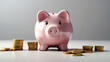 © Linett - Golden piggy bank and coins on white background, money deposit, investment and saving money, earnings, financial savings concept. Generative AI.