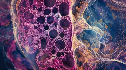 Wall Mural - A stunning microscope image of a section of human lung tissue, revealing the detailed alveoli and cellular structure. The high magnification highlights the complexity and function of respiratory