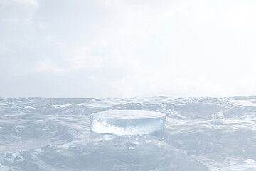 Wall Mural - abstact 3d render winter scene and natural background, ice podium on the ice ground for product disp