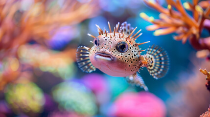 Wall Mural - Pufferfish with round bodies and striking spines, swimming nimbly in a colorful aquarium, Ai generated Images