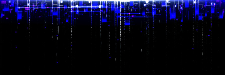 Poster - Vhs tv screen texture with blue and white lines and pixels on black background. Realistic vector illustration of abstract retro television noise effect. Vintage video play or rewind digital error.
