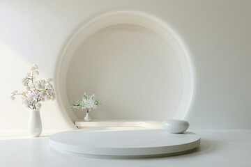 Poster - minimalist podium product display in 3d isometric view with ample text area
