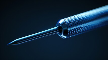 Close-up of a precision metal tool on dark background. Shows intricate texture and sharp tip in high detail. Industrial equipment or machinery.