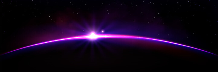 Wall Mural - purple earth planet light bg. abstract sky sunrise or sun eclipse glow. dark night solar fiction eff