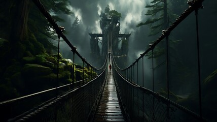 Suspension bridge in the forest with fog and mist, New Zealand