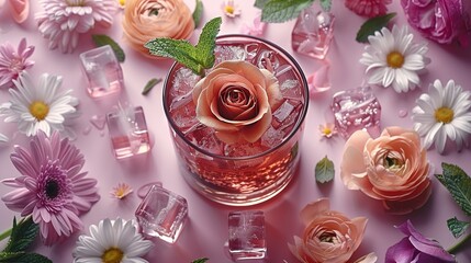 Wall Mural -   Glass with flower surrounded by ice cubes on pink background