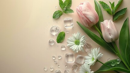 Poster -   A few flowers with water droplets on them and a leaf on top of one