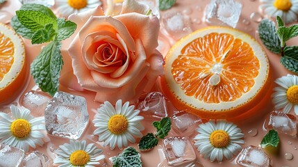 Wall Mural -   An orange split in two beside a bouquet of flowers and scattered ice cubes on a rosy background with surrounding foliage
