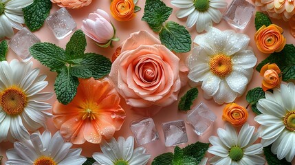 Wall Mural -   A close-up of several flowers resting on a pink surface, adorned with leaves and petals