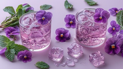 Wall Mural -   Purple flowers and ice cubes on a purple surface surrounded by green leaves