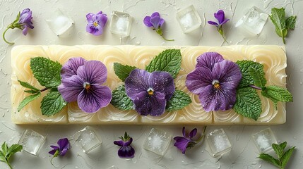 Poster -   A soap bar with purple flowers and green leaves sits atop ice cubes, surrounded by additional ice cubes on the side