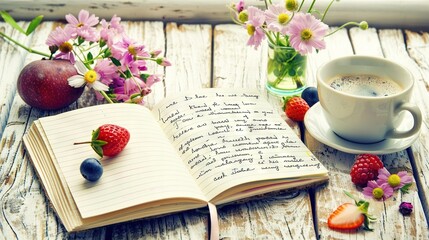 Wall Mural -   A cup of coffee sits beside an open book, accompanied by strawberries and berries on a wooden table, with a vase of flowers nearby