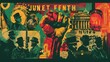© LKT - A graphic design with a red, yellow, and green fist raised in the air, set against a backdrop of historical images and symbols of freedom. The word 'JUNETEENTH' is prominently featured in the center,