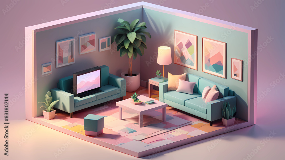 cube cutout of an isometric living room, 3d art, pastel colors, soft ...