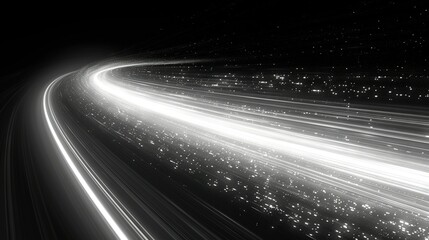 Wall Mural -   A monochrome image of a nighttime highway, featuring illuminated lines running along the edge of the road