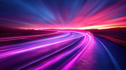 Wall Mural -   A well-exposed image of a road with illuminated stripes leading to the horizon, captured during twilight