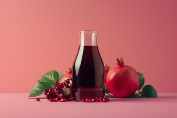 Wall Mural - a beautiful presentation of pomegranate juice on the podium with a piece of pomegranate