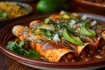 Wall Mural - Freshly made enchiladas, featuring corn tortillas filled with seasoned meat and beans, rolled and topped with a rich red enchilada sauce, melted cheese, and garnished with fresh cilantro and sliced av