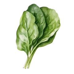 Wall Mural - Watercolor of Fresh Green Spinach Leaves Isolated on White Background