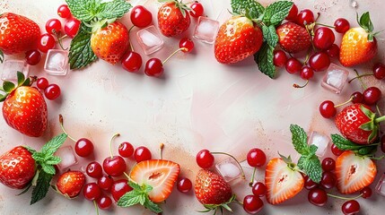   A heart-shaped arrangement of strawberries and cherries on a pink surface with ice cubes