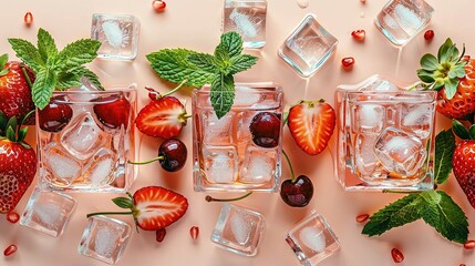Wall Mural -   Arrange strawberries, cherries, and ice cubes on a pink surface with ice cubes