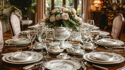 Wall Mural -  A vase of roses sits at the center of a formal dinner table, accompanied by a vase of flowers