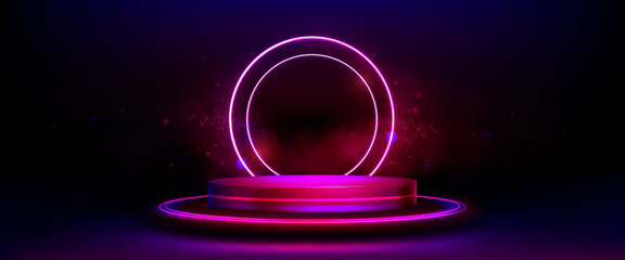Wall Mural - 3d pink neon light podium bg. Glow game platform with digital led effect. Futuristic hologram abstract background with round stand. Realistic laser presentation for casino winner display vector