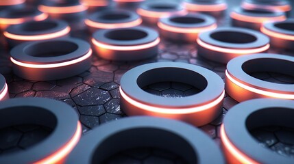   A macro shot of multiple bands resting on a flat with a crimson bulb illuminating the circle's terminus